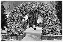 Antler Arch and Town Square in winter. Jackson, Wyoming, USA (black and white)