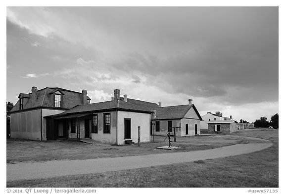 Path and buildings. Fort Laramie National Historical Site, Wyoming, USA (black and white)