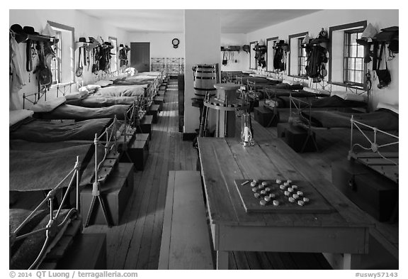 Barrack dorm room. Fort Laramie National Historical Site, Wyoming, USA (black and white)