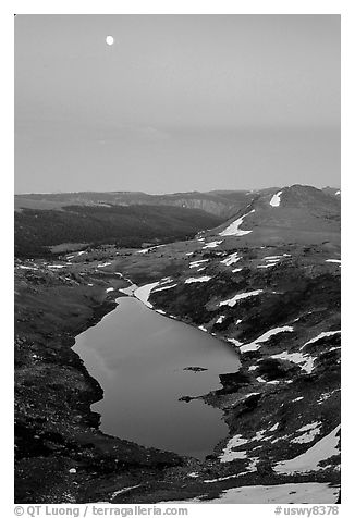 Lake and moon, dusk, Beartooth Range, Shoshone National Forest. Wyoming, USA