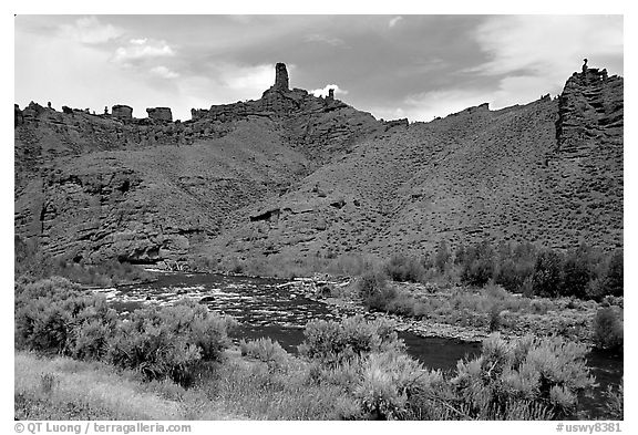 Shoshone River and rock Chimneys, Shoshone National Forest. Wyoming, USA (black and white)