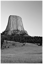 Devils Tower monolith at sunset, Devils Tower National Monument. Wyoming, USA ( black and white)