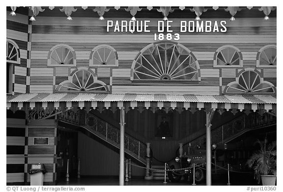 Parc De Bombas, a red and black striped historic firehouse, Ponce. Puerto Rico (black and white)