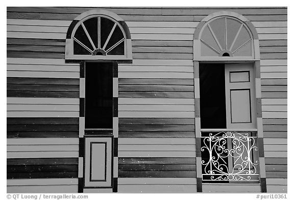 Red window shutters and striped walls, Parc De Bombas, Ponce. Puerto Rico