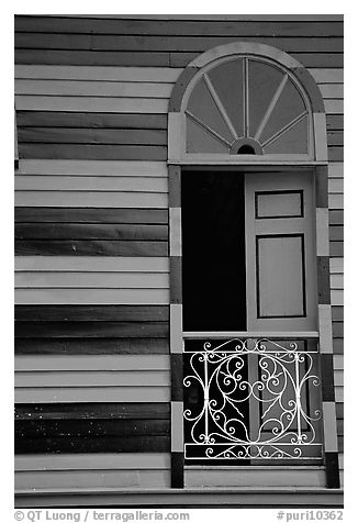 Window with red  shutters and striped walls,  Parc De Bombas, Ponce. Puerto Rico (black and white)