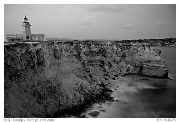 Lighthouse and cliffs at dusk, Cabo Rojo. Puerto Rico (black and white)