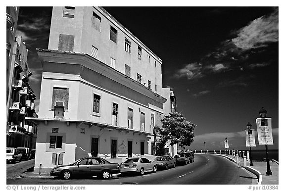 Multi-story building painted with pastel colors, old town. San Juan, Puerto Rico