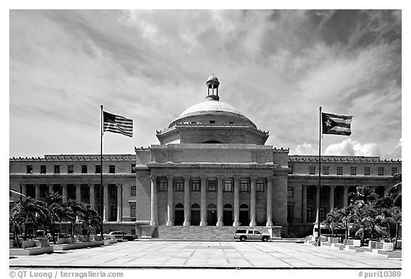 Capitol, with US and Puerto Rico flags. San Juan, Puerto Rico (black and white)