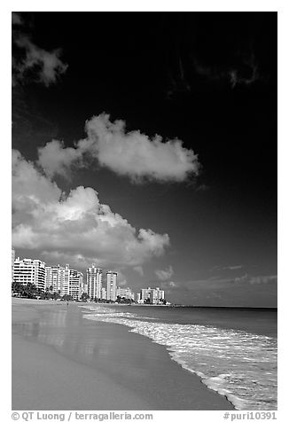 Beach and high-rise buildings, morning. San Juan, Puerto Rico (black and white)