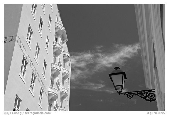 Buildings painted in pastel colors. San Juan, Puerto Rico (black and white)