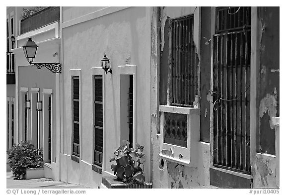 Row of houses painted in bright colors. San Juan, Puerto Rico (black and white)