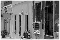 Row of houses painted in bright colors. San Juan, Puerto Rico (black and white)