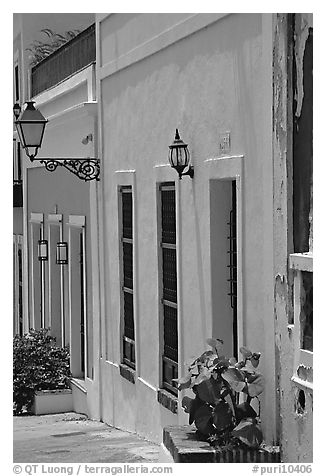 Row of houses painted in bright colors. San Juan, Puerto Rico (black and white)