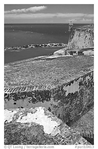 Thick defensive walls of El Morro Fortress. San Juan, Puerto Rico (black and white)