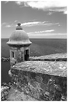 Lookout turret and ocean, El Castillo Del Morro Fortress. San Juan, Puerto Rico (black and white)