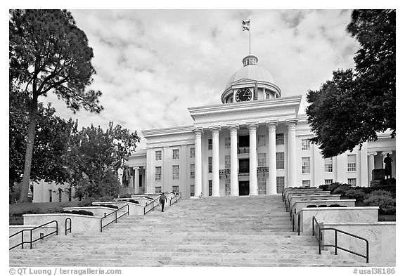 Stairs with man walking up, Alabama State Capitol. Montgomery, Alabama, USA (black and white)