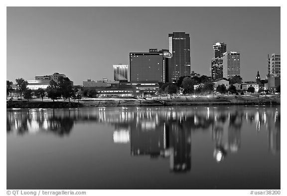 Skyline and Arkansas River at twilight. Little Rock, Arkansas, USA