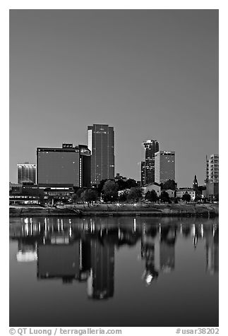 Downtown buidings and Arkansas River at twilight. Little Rock, Arkansas, USA (black and white)
