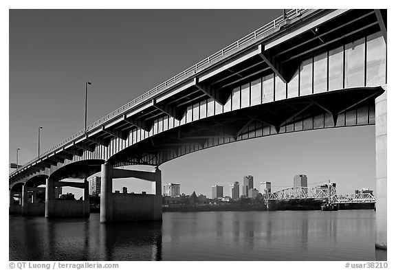 Skyline framed by bridge at sunrise. Little Rock, Arkansas, USA