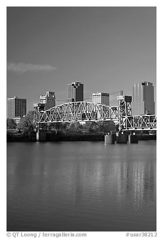 Arkansas River, bridge and skyline, early morning. Little Rock, Arkansas, USA (black and white)
