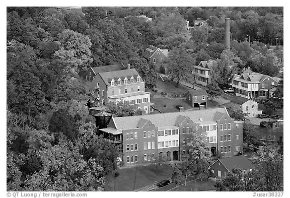 Historic buildings and smokestack from above. Hot Springs, Arkansas, USA (black and white)
