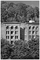 Historic buildings below hillside. Hot Springs, Arkansas, USA (black and white)