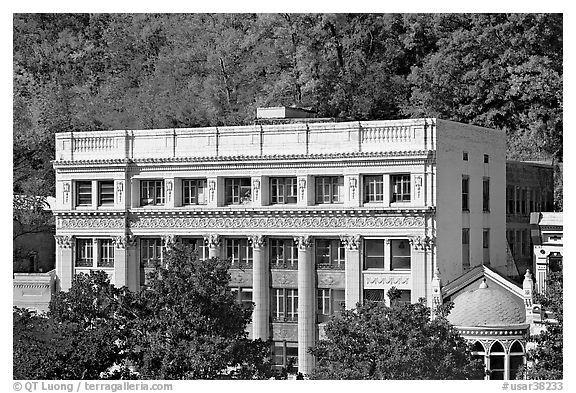 Historic buildings at the base of hills. Hot Springs, Arkansas, USA