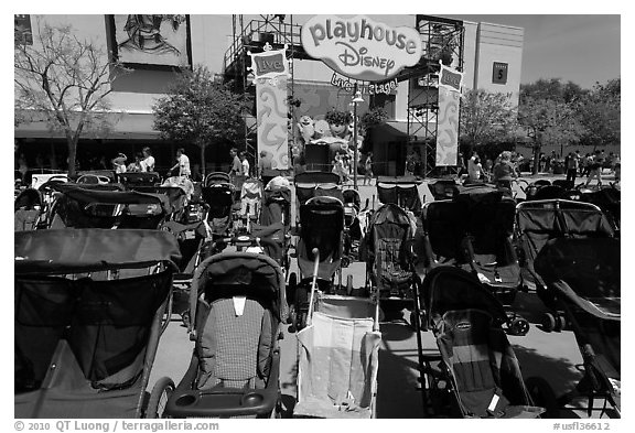 Strollers parked, Walt Disney World. Orlando, Florida, USA (black and white)