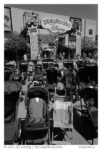 Stroller parking. Orlando, Florida, USA (black and white)