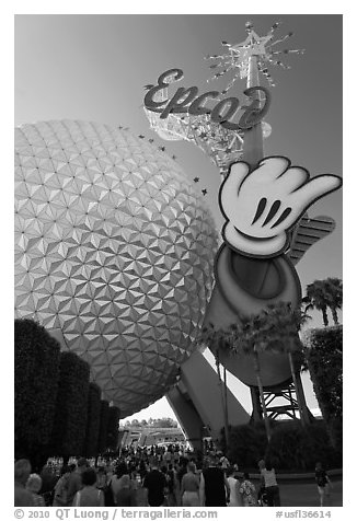 Spaceship earth and Epcot sign. Orlando, Florida, USA (black and white)