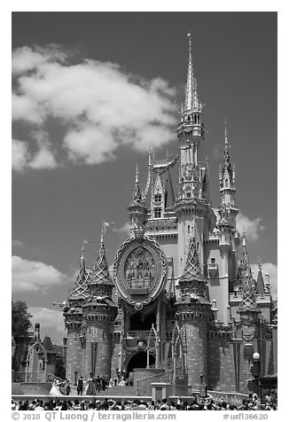 The Cinderella Castle, centerpiece of Magic Kingdom Theme Park. Orlando, Florida, USA (black and white)