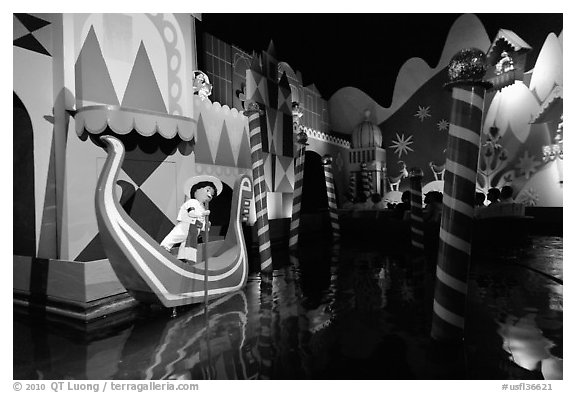 Indoor boat ride, Magic Kingdom, Walt Disney World. Orlando, Florida, USA (black and white)