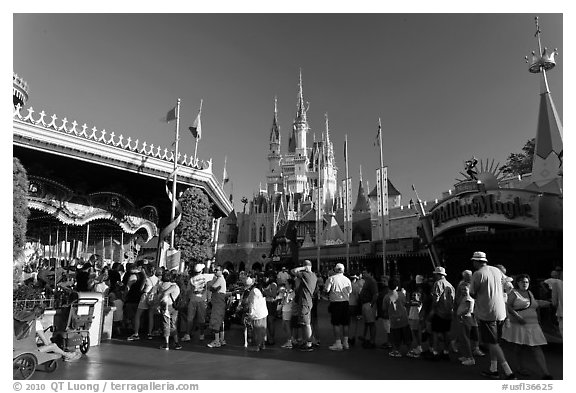 People lining up, Magic Kingdom, Walt Disney World. Orlando, Florida, USA (black and white)