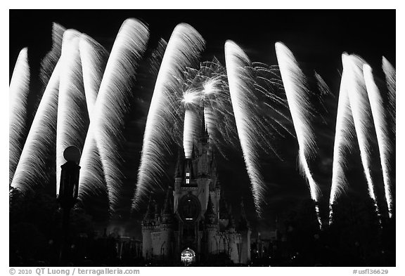 Cinderella Castle with fireworks. Orlando, Florida, USA (black and white)