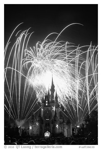 Fireworks over fairy-tale fortress. Orlando, Florida, USA (black and white)