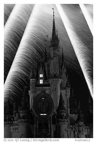 Fairy-tale castle at night with fireworks. Orlando, Florida, USA (black and white)