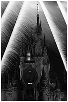 Fairy-tale castle at night with fireworks. Orlando, Florida, USA (black and white)