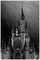 Illuminated Cinderella Castle, fireworks. Orlando, Florida, USA (black and white)