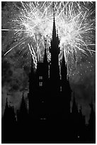 Cinderella Castle at night with fireworks in sky. Orlando, Florida, USA (black and white)