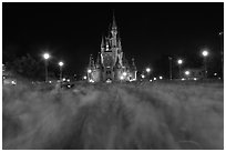 Blurry crowds and Cinderella Castle, Walt Disney World. Orlando, Florida, USA (black and white)
