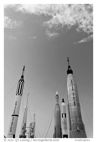 NASA rockets, Kennedy Space Centre. Cape Canaveral, Florida, USA (black and white)