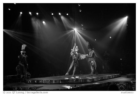 Characters on scene, Circus show, Walt Disney World. Orlando, Florida, USA (black and white)