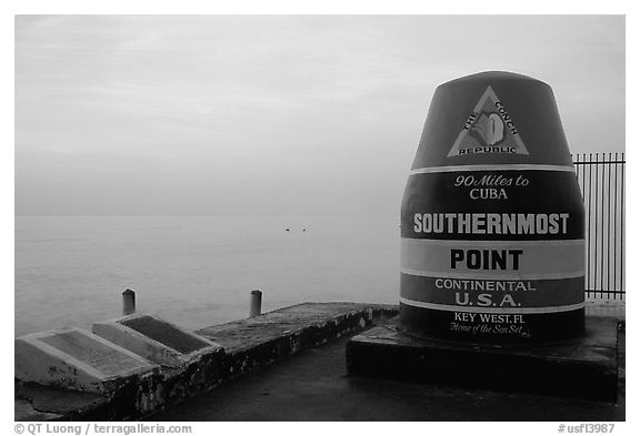 Marker for Southermost point in continental US. Key West, Florida, USA (black and white)