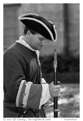 Period dressed Spanish soldier. St Augustine, Florida, USA (black and white)