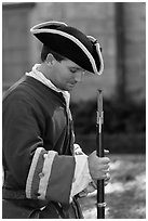 Period dressed Spanish soldier. St Augustine, Florida, USA (black and white)