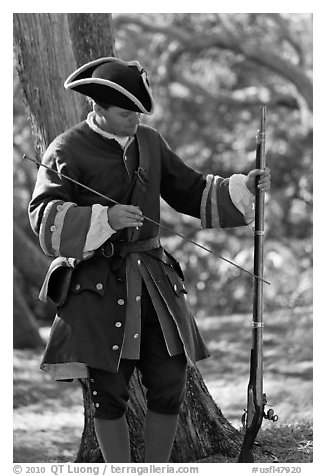 Man useing ramrod on musket, Fort Matanzas National Monument. St Augustine, Florida, USA