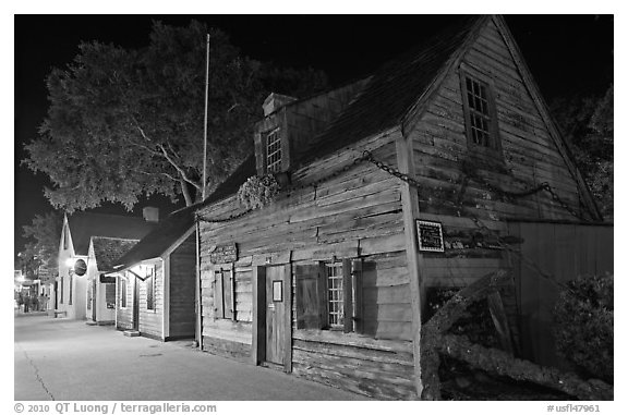 Oldest school house and street by night. St Augustine, Florida, USA (black and white)