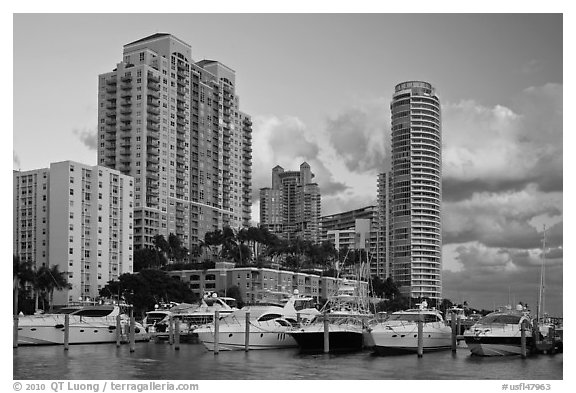 Marina and high rise buildings at sunset, Miami Beach. Florida, USA (black and white)
