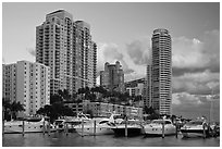 Marina and high rise buildings at sunset, Miami Beach. Florida, USA ( black and white)