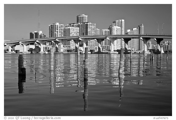Mc Arthur Causeway bridge and high rise towers, Miami. Florida, USA (black and white)